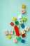 Close up of wooden cubes with numbers of year 2021 and other numbers. Top view of children`s educational toys, colorful cubes,