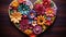 A close-up of a wooden heart-shaped vase filled with a variety of colorful, blooming flowers