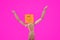 Close up of wooden jointed manikin doll holding hands up with smiling face sign