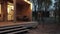 Close-up wooden scandinavian house terrace in the evening illuminated terrace with warm light from the window, burning