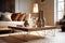 Close up of wooden square coffee table on metal legs near white sofa with terra cotta pillows against window. Scandinavian style
