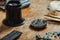 Close up on the workbench of a watchmaker with open mechanism