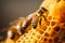 Close up of a working bees on honey cells. Generative AI