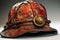 close-up of a worn leather firefighter helmet