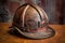 close-up of a worn leather vintage firefighter helmet