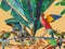 Close-up of a woven staw  South of the Border Chandilier with a monkey a parrot a sloth aa cheetah and tropical leaves and colors