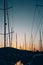 Close-up of yacht masts against the sunset sky. Marine theme