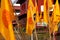 Close up of yellow Buddhist flags (The Dharmacakra flag)