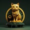 Close-up of yellow cat-robot, toy with yellow eyes sitting like statue. its eyes are bright and alert. cat looking viewer with
