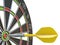 Close up yellow dart arrow on center of dartboard 3D