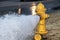 Close-up of yellow fire hydrant gushing water across a street with wet highway and tire from passing car behind