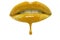 Close-up of yellow lip-gloss dripping from woman\'s lips over white background