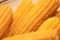Close up yellow sweet corn grain, dense rows of boiled yellow corn seeds for background. Macro