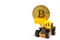 Close up yellow tractor model lifts up the golden bitcoins.