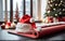 Close up of yoga mat with Santa Clause hat with home decorated for Christmas, New Year