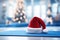 Close up of yoga mat with Santa Clause hat with home decorated for Christmas, New Year. Healthy lifestyle, weight