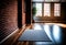 close-up of a yoga mat set up in the centre of an empty studio, with the studio\\\'s exposed brick walls (AIgen)