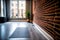 close-up of a yoga mat set up in the centre of an empty studio, with the studio\\\'s exposed brick walls (AIgen)