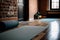 close-up of a yoga mat set up in the centre of an empty studio, with the studio\\\'s exposed brick walls (AIgen)