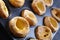 Close-up of Yorkshire puddings in a baking tray