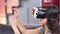 Close-up young astonished woman wearing virtual reality helmet simulator enjoying 3d cyberspace