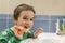 Close-up of young boy brushing teeth with toothbrush Portrait of healthy little boy enjoy cleaning his teeth with a happy face,