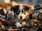 Close-up of young homeless Australian Shepherd puppy with muddy paws lying down. Rescue, care of homeless animals. Shelters,