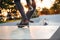 Close up of young male skateboarder training