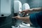 Close up. young man pushing a dispenser with bactericidal soap.