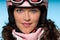 Close-up of young woman wearing pink ski helmet