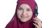 Close up Youngbeautiful Muslim woman customer service agent with headset on white background