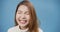 Close-up youth Asia lady wear turtleneck sweater stand over isolate blue background happy face show perfect white teeth have fun,