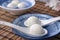 Close up of yuanxiao tangyuan in a bowl on gray table, food for Chinese Lantern Yuanxiao Festival