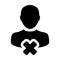 Close user icon vector male person profile avatar with delete symbol in flat color glyph pictogram