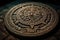 Close view of the ancient Aztec mayan calendar with round pattern and relief on stone surface created by generative AI