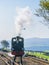 Close view of approaching steam engine `Blanche` at Woody Bay station