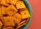 Close view of a bowl of cheese crackers