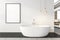 Close view on bright bathroom interior with bathtub, empty poster