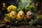Close view of cute funny three vegetable faces in realistic magical fertile arable land. AI generated.