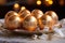 close view of a easter eggs with decoration on a plate, bokeh lights on a festive background of illumination