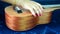 Close view of kids playing ukulele. Baby girls trying to play guitar at home close-up. Kids playing musical instrument