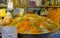 Close View Of Masala Curry, Bright Colors Fragrant Seasoning, Condiment In Tray On Local Food Market, Bazaar in Iran. Tourism