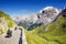 Close view on motorbike on the famous road in mountains Alps Passo Stelvio. Favourite place for all bike riders