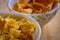 Close view of papdi gathiya and ribbon pakoda which are popular indian savoury. Indian sweet and savoury prepared during festivals