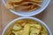 Close view of papdi gathiya and ribbon pakoda which are popular indian savoury. Indian sweet and savoury prepared during festivals