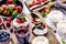 Close view on Pavlova decorated with berry fruits