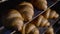 Close view of plates with baked croissants in a bakery