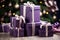 Close view the stack of purple boxes tied with silk ribbon, lying on each other on living. Gift festive selection