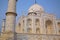 Close view of Taj Mahal against blue sky, Agra, Uttar Pradesh, India.