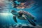 Close wild turtle floating over beautiful natural ocean background, with sunlight through water surface, Generative AI